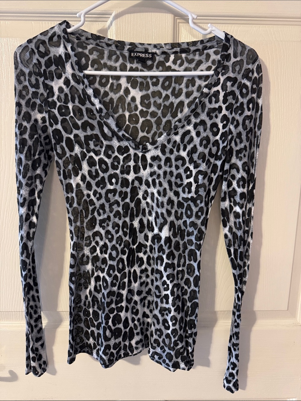 Express Black and Gray Sheer Leopard Print Long Sleeve V-Neck Top